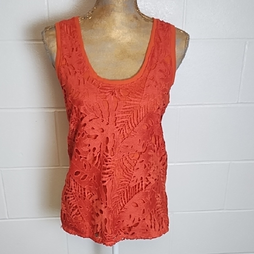 LOFT Orange Sleeveless Tropical Leaf Lace Tank Top